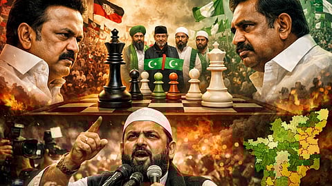 बाईं ओर सबसे ऊपर, मुख्यमंत्री एम.के. स्टालिन (DMK) गंभीर मुद्रा में हैं। उनके बगल में एआईएडीएमके के ई. पलानीस्वामी खड़े हैं। 
