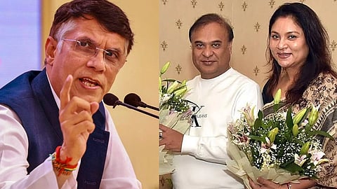 बाईं ओर कांग्रेस नेता पवन खेड़ा और दाईं ओर असम के मुख्यमंत्री हिमंत बिस्वा सरमा व उनकी पत्नी रिनिकी भुइयां शर्मा 
