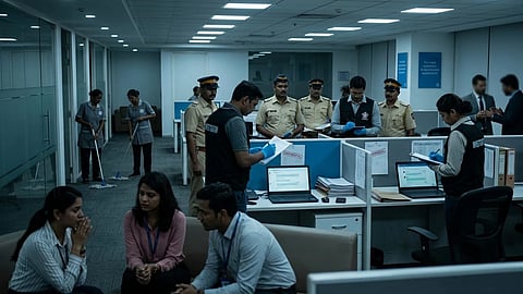 ऑफिस का दृश्य जहाँ कर्मचारी और पुलिस वाले दिख रहे हैं। 