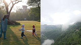 परिवार के साथ बच्चे और पहाड़ी दृश्य 
