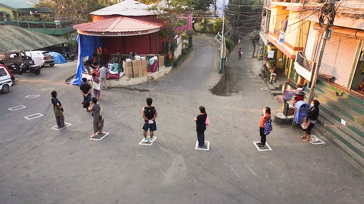 Measures taken to ensure physical distancing in Tuikhuahtlang, Mizoram.