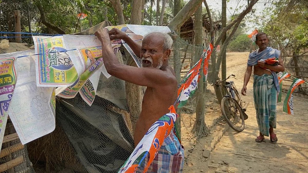 सेवानिवृत्त एसके अब्दुल अजीज ने नंदीग्राम के मंगलचक में लगाए जाने वाले पोस्टर और झंडे तैयार किए