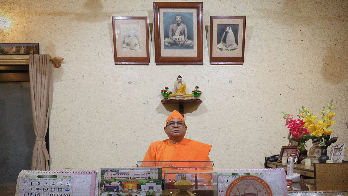 Swami Suvirananda in his office at Belur Math.
