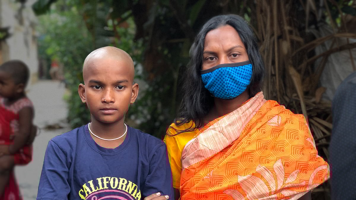 Haran Adhikari's widow Swarnalata with her son. 