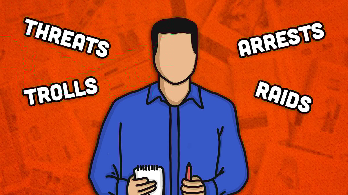 A journalist with the words ‘threats’, trolls’, ‘arrests’ and ‘raids’.