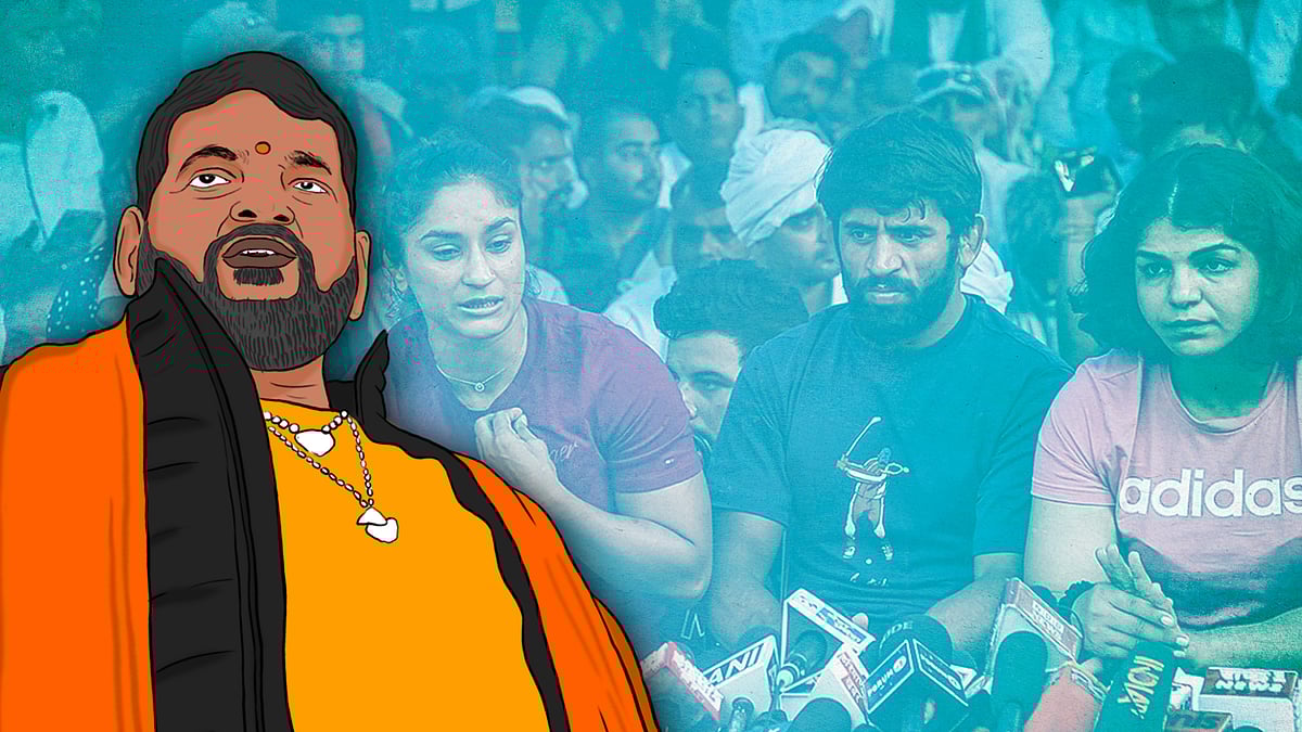 Illustration of former WFI chief Brij Bhushan Sharan Singh with a picture from the wrestlers' protest in the background.