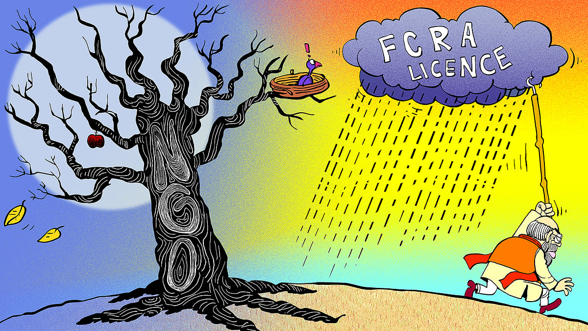 A minister takes away a rain cloud called FCRA licence, from a withered tree with NGO written on its bark.