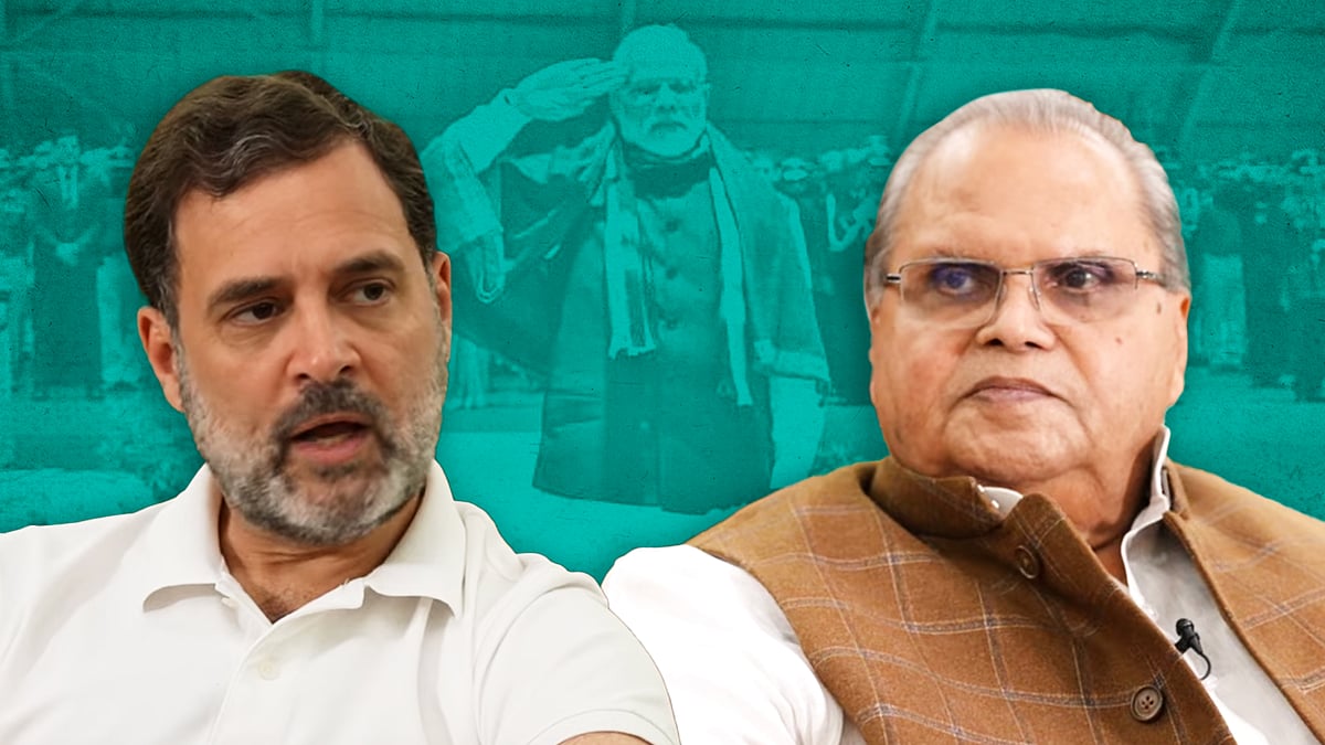 राहुल गांधी और सत्यपाल मलिका की तस्वीर. पृष्ठभूमि में पुलवामा के शहीदों को श्रद्धांजलि देते प्रधानमंत्री नरेंद्र मोदी