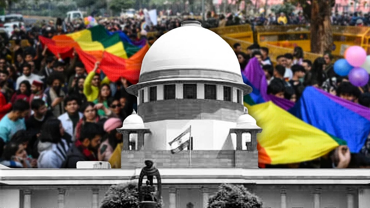 The Supreme Court against a background of protesters waving rainbow flags.