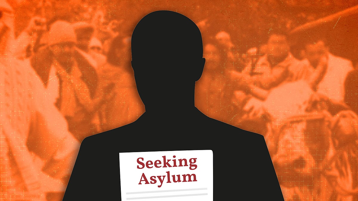 Illustration of a man holding documents for asylum plea. 