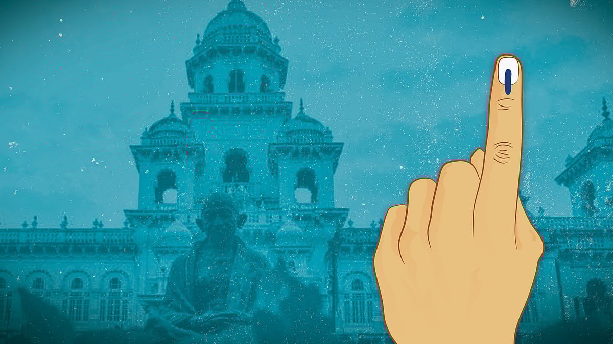 A picture of Telangana secretariat with an illustration of an inked finger.