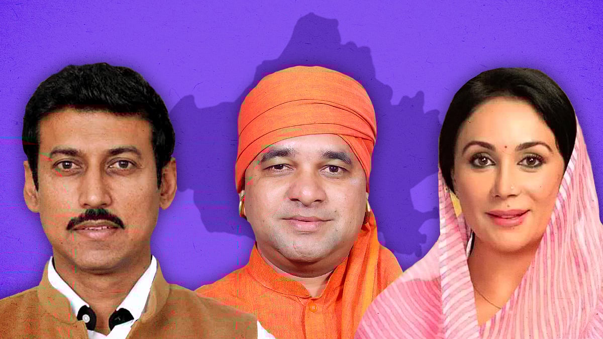 Cutouts of Rajyavardhan Rathore, Balak Nath and Diya Kumari against the Rajasthan map.