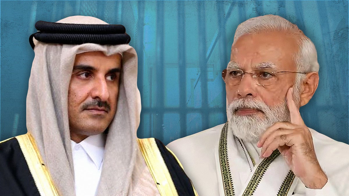 Cutouts of Qatar Emir Tamim bin Hamad Al Thani and PM Modi, with jail bars in the backdrop.