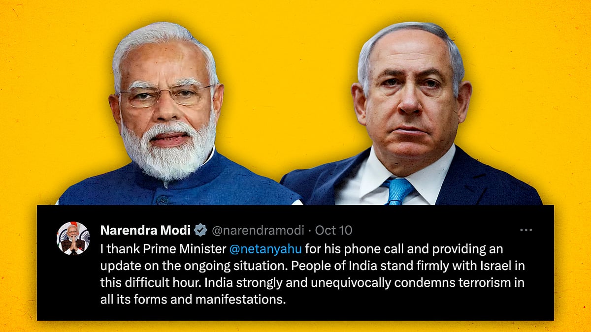Modi and Netanyahu with a screenshot of Modi’s tweet saying India stands with Israel.