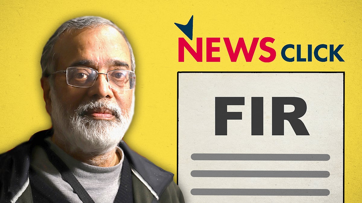 न्यूज़क्लिक के संस्थापक प्रबीर पुरकायस्थ की तस्वीर और एफआईआर की चित्रण छवि 
