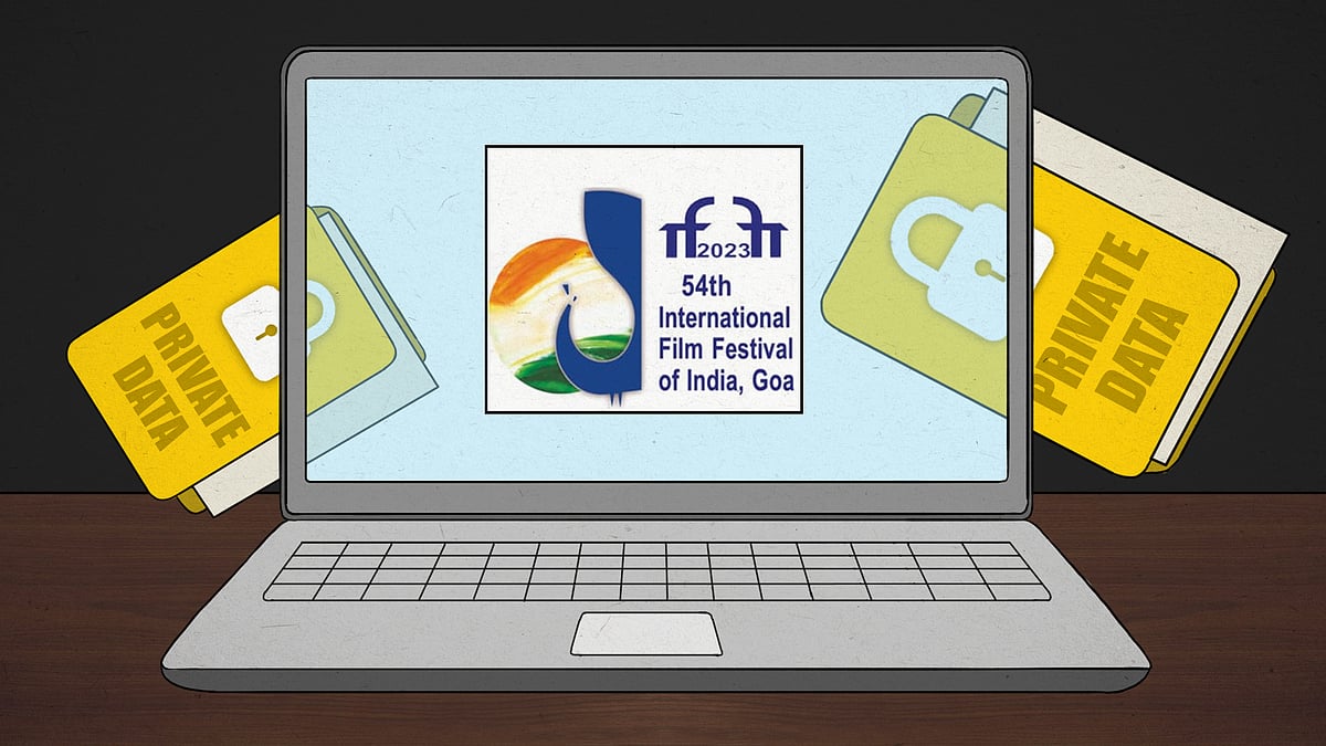 Illustration of a laptop with the IFFI Goa logo in between files labelled Personal Data.