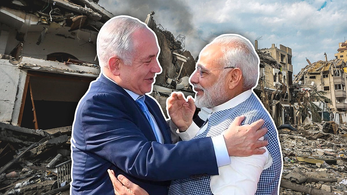 A cutout of Israeli PM Benjamin Netanyahu with PM Modi, with buildings destroyed in the recent violence in the backdrop.