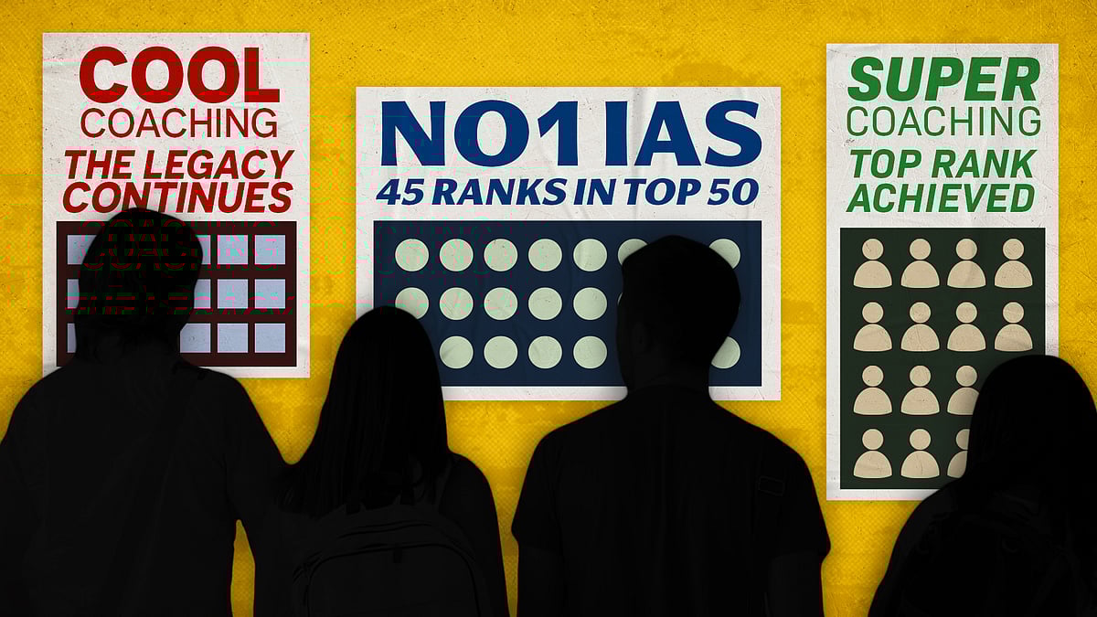 Illustration of posters of IAS coaching centres claiming they achieve top ranks.