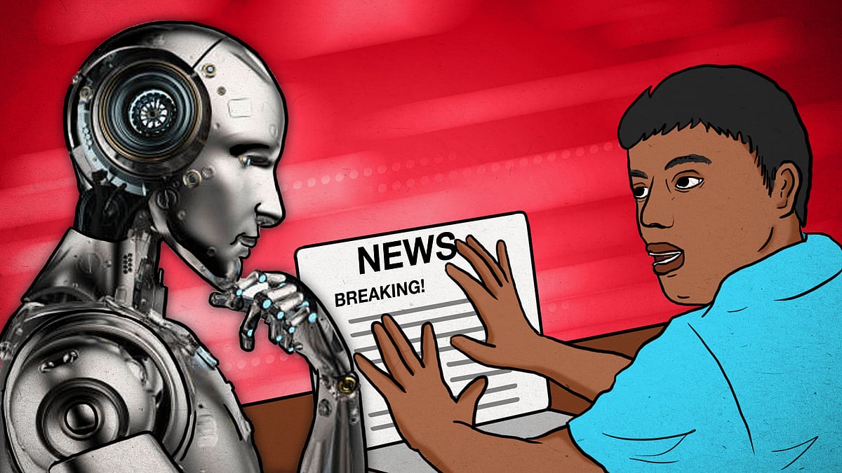 Illustration of a journalist hiding his laptop screen from a robot.