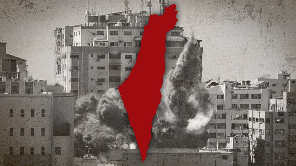 A map of the disputed region with a picture of a building that collapsed after an Israeli airstrike.