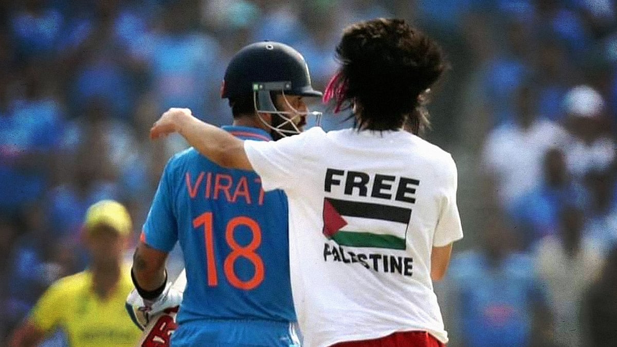 A Palestine supporter, who invaded the pitch during the World Cup final, standing alongside Kohli.