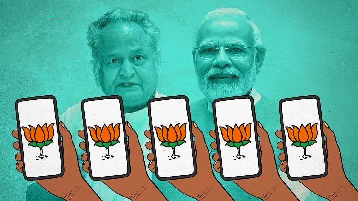 Hands holding phones with the lotus symbol, with images of Modi and Gehlot in the background.