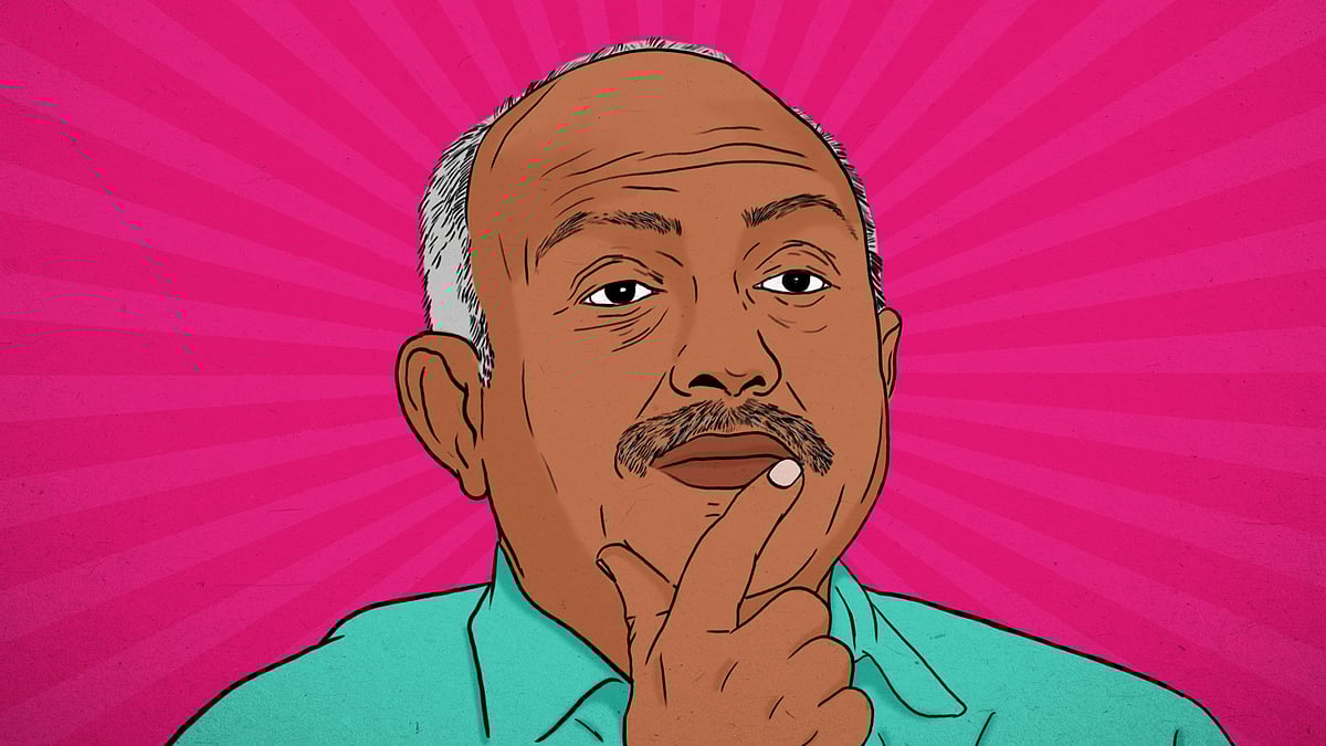 Illustration of Naresh Kumar against a bright pink background.