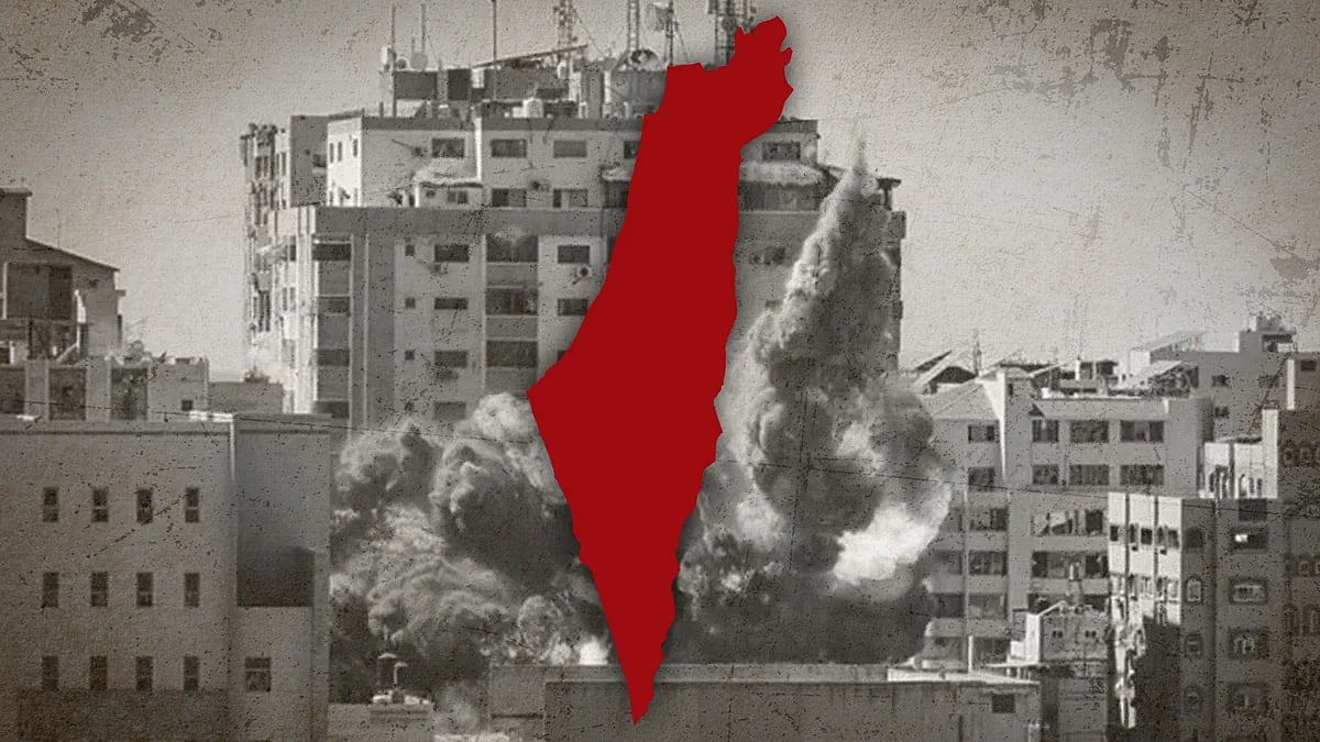 A map of the disputed region with a picture of a building that collapsed after an Israeli airstrike.