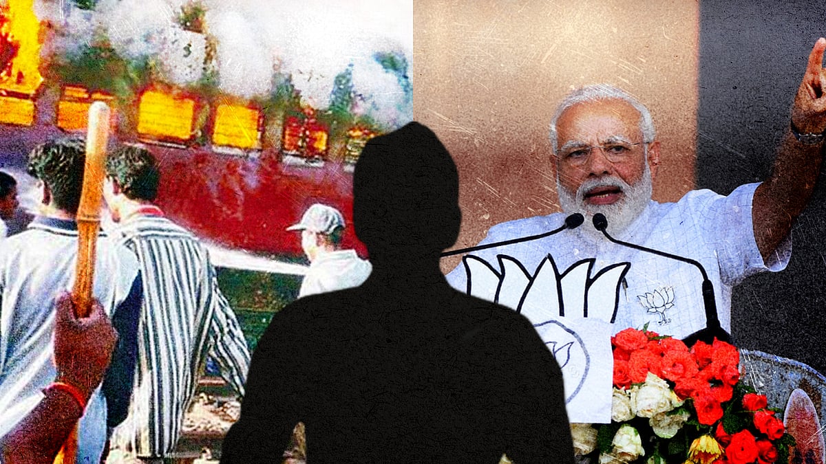 A figure stands before two pictures – one of Modi and the other of the Gujarat riots.