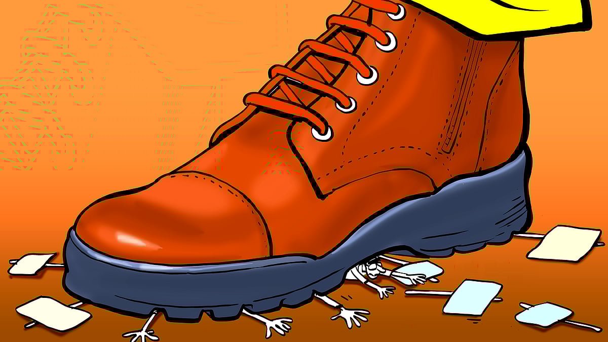 Illustration of a police boot stamping on protesters.