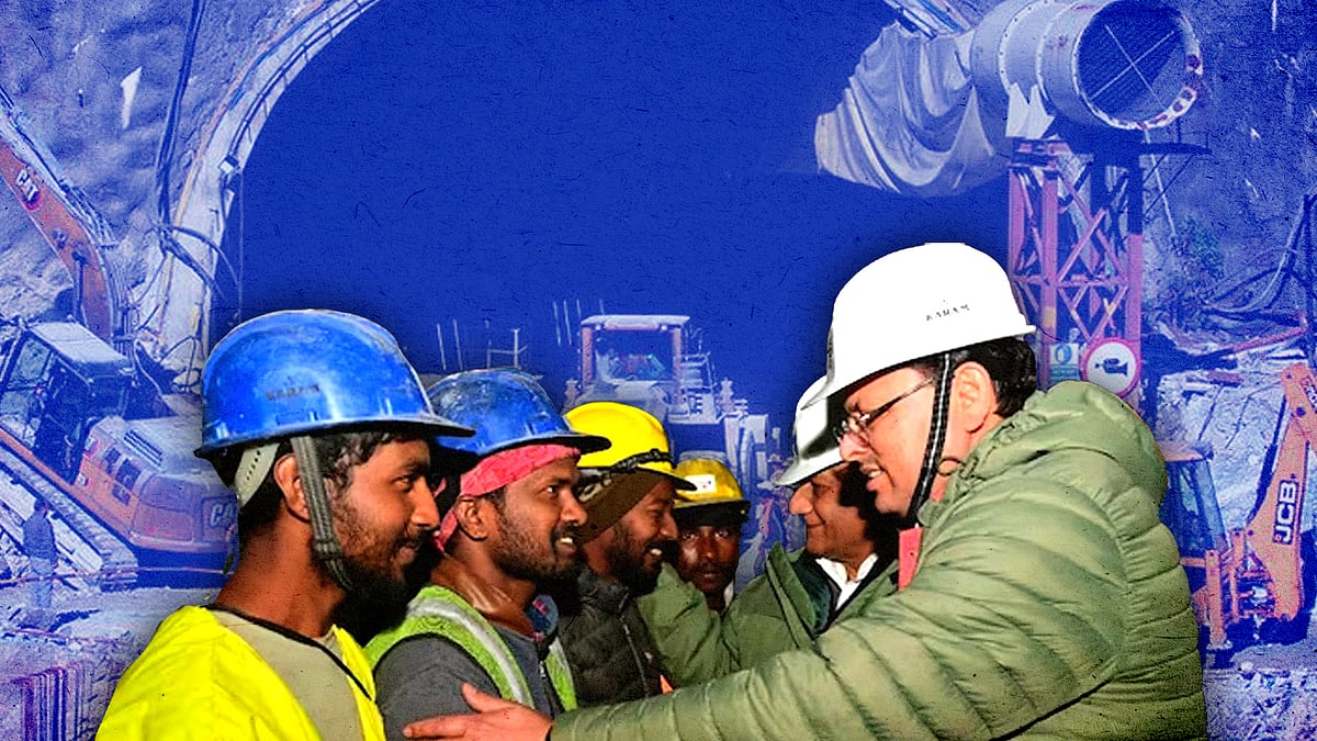 श्रमिकों का स्वागत करते पुष्कर सिंह धामी और वीके सिंह. बैकग्राउंड में सिलक्यारा सुरंग.