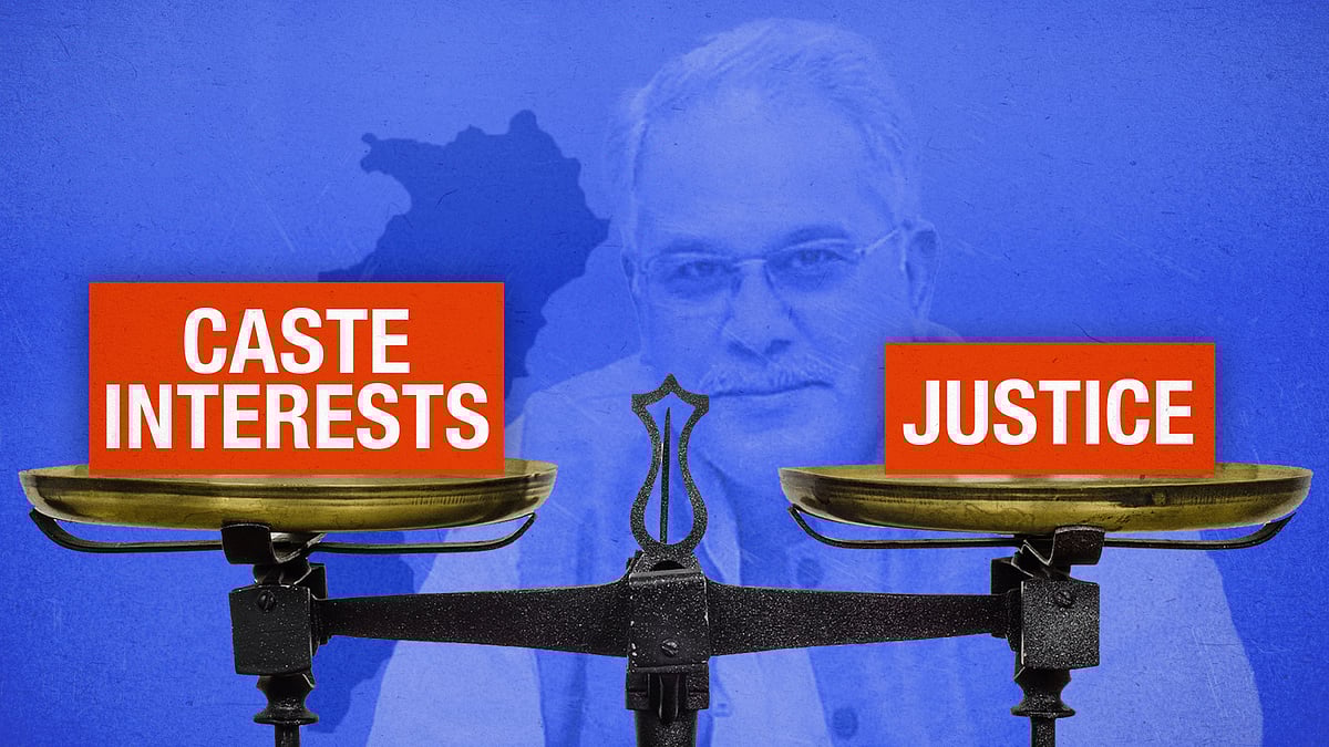 Illustration of a weighing scale with 'caste interests' on one side and 'justice' on the other.  