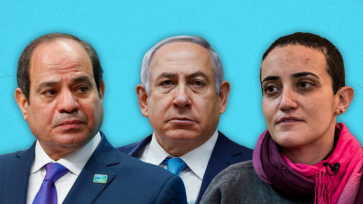 Cutouts of Egyptian president Sisi, Israeli PM Netanyahu, and Mada Masr editor Lina Atallah