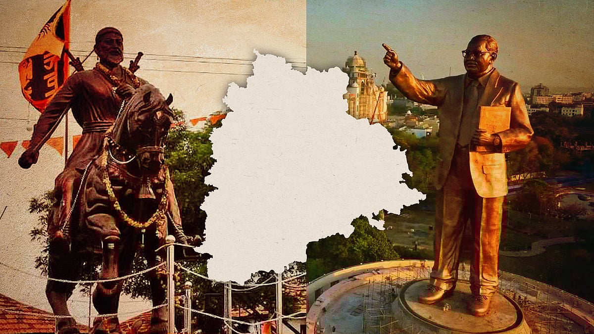 Illustration of Telangana map with pictures of Shivaji and Ambedkar statues.