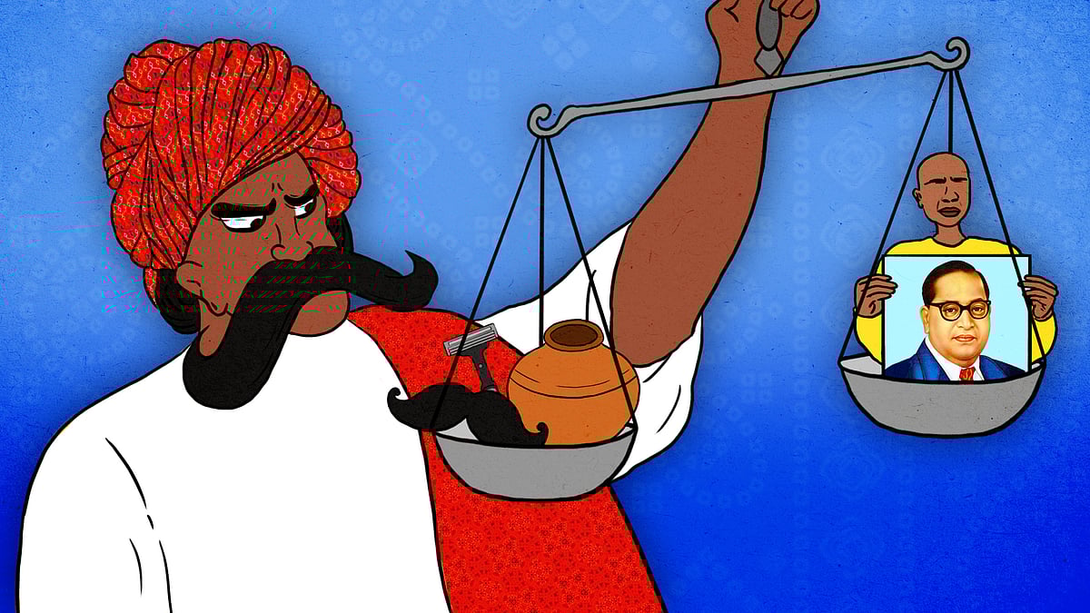 A man with a moustache holding a weighing scale with symbols of caste pride.  