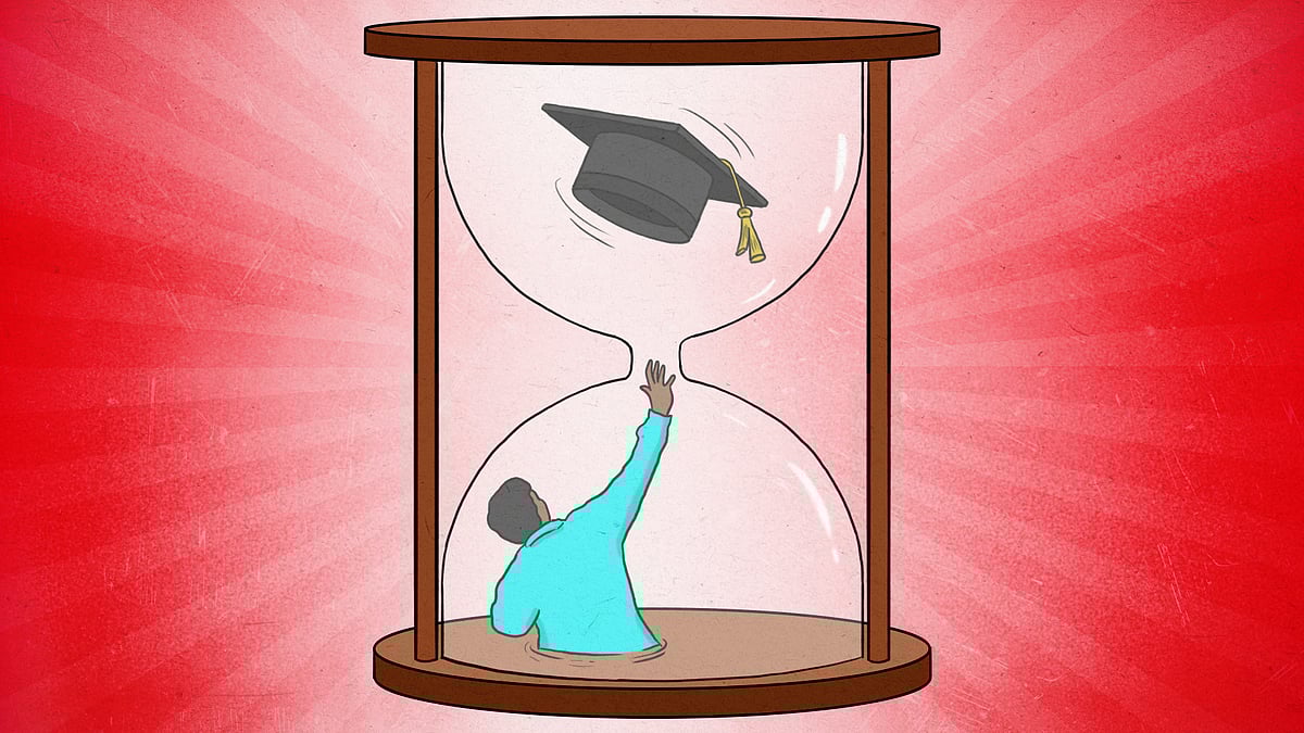 A man tries to reach out for a degree hat through the narrow neck of an hourglass.