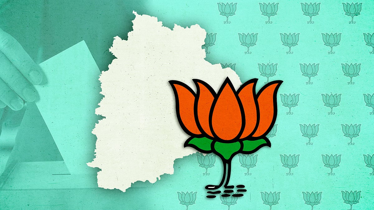 The BJP lotus against a map of Telangana.