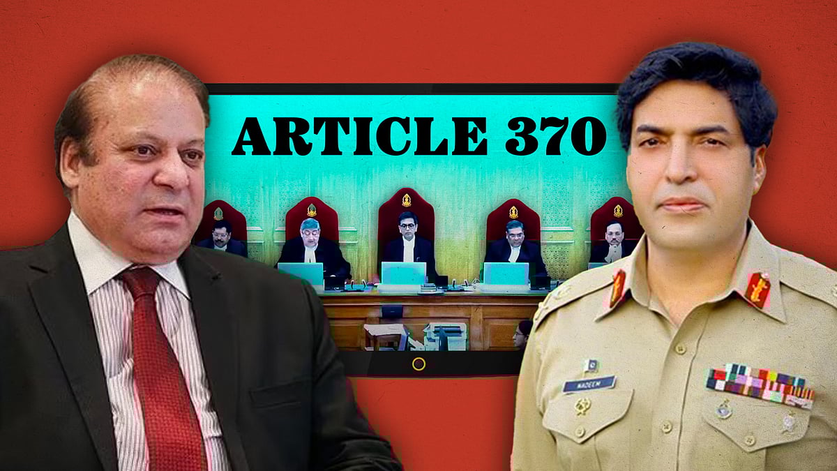Nawaz Sharif and Nadeem Anjum with the SC hearing on Article 370 in the background. 