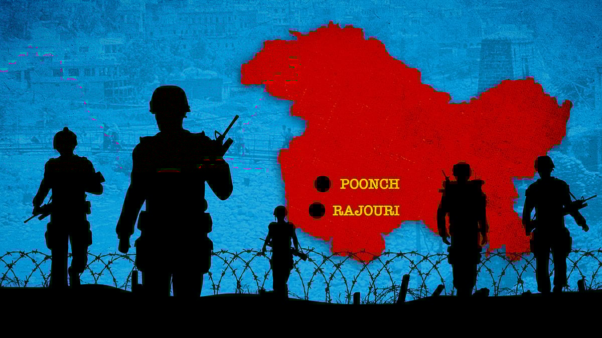 A map showing Poonch and Rajouri with army personnel and barbed wire in front of it. 