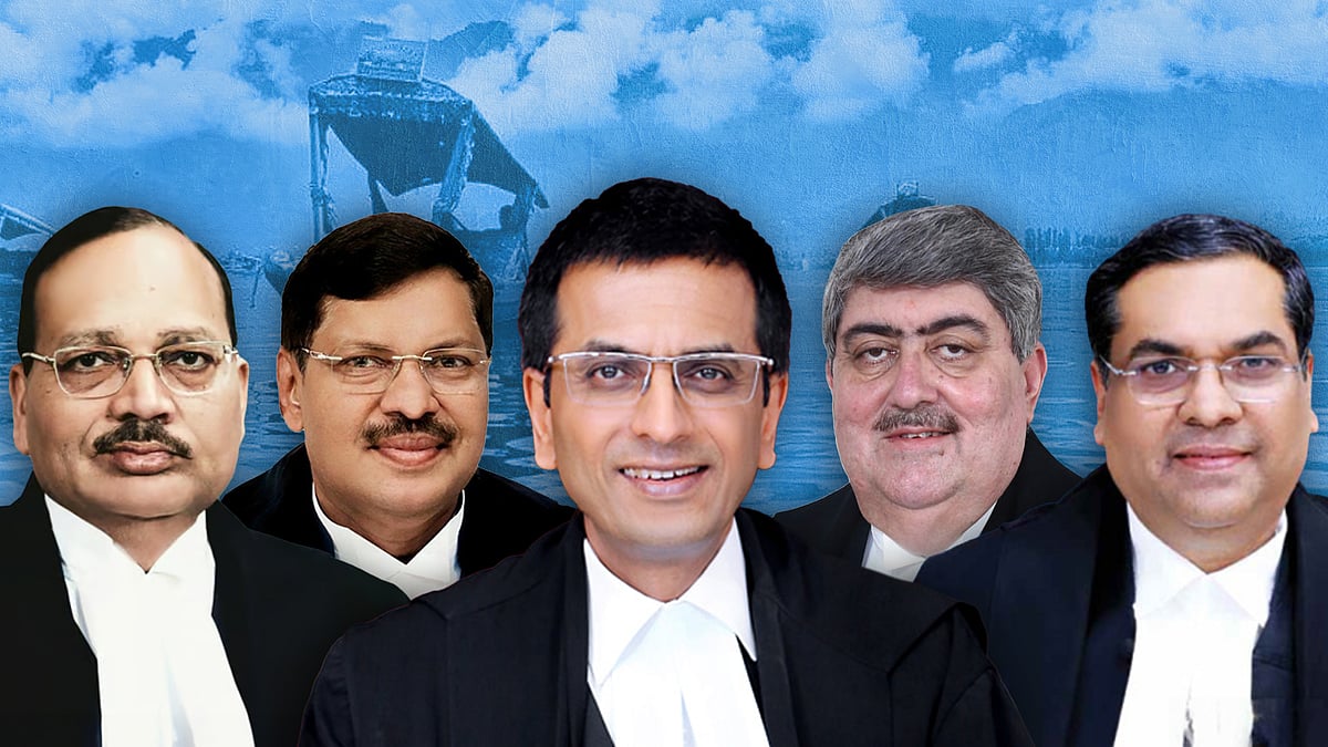 Cutouts of the judges who upheld the abrogation of Article 370 with the Dal lake in background.