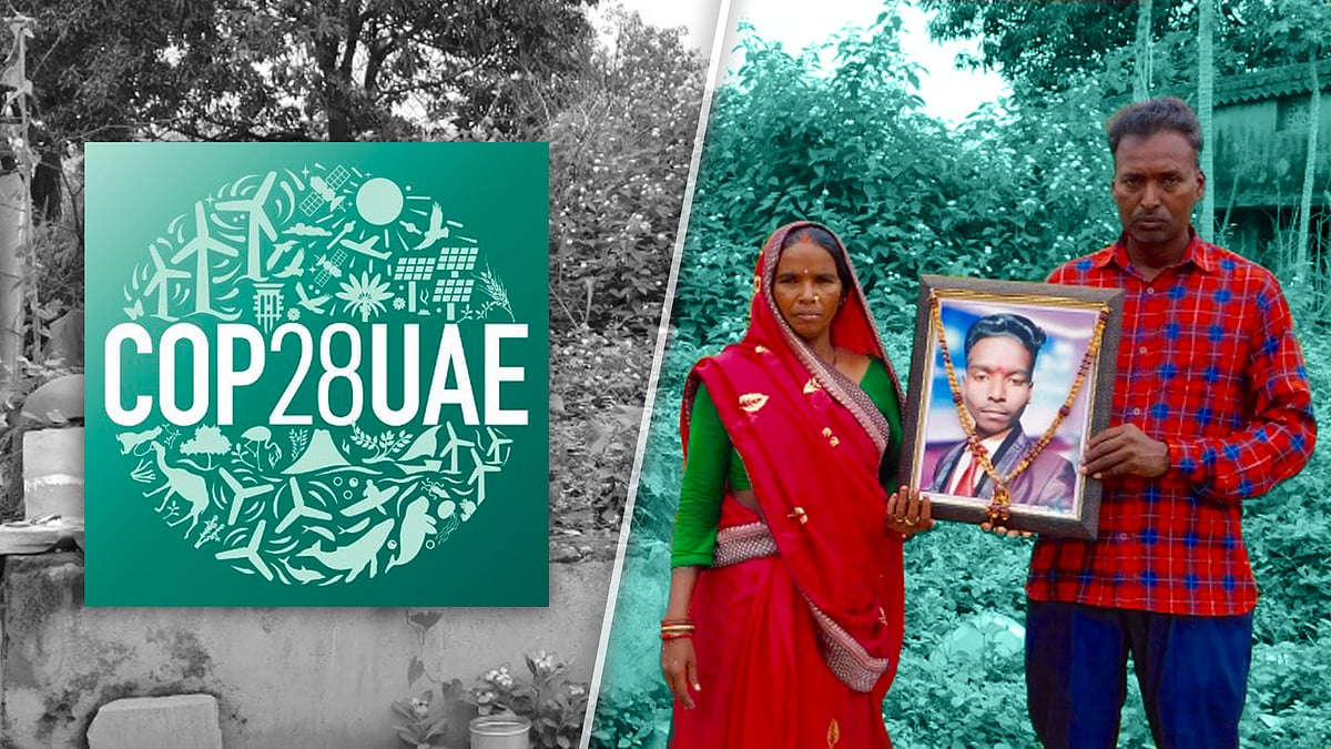 The COP28 symbol on the left. On the right, the family of Ram Kumar Basor with his photograph.