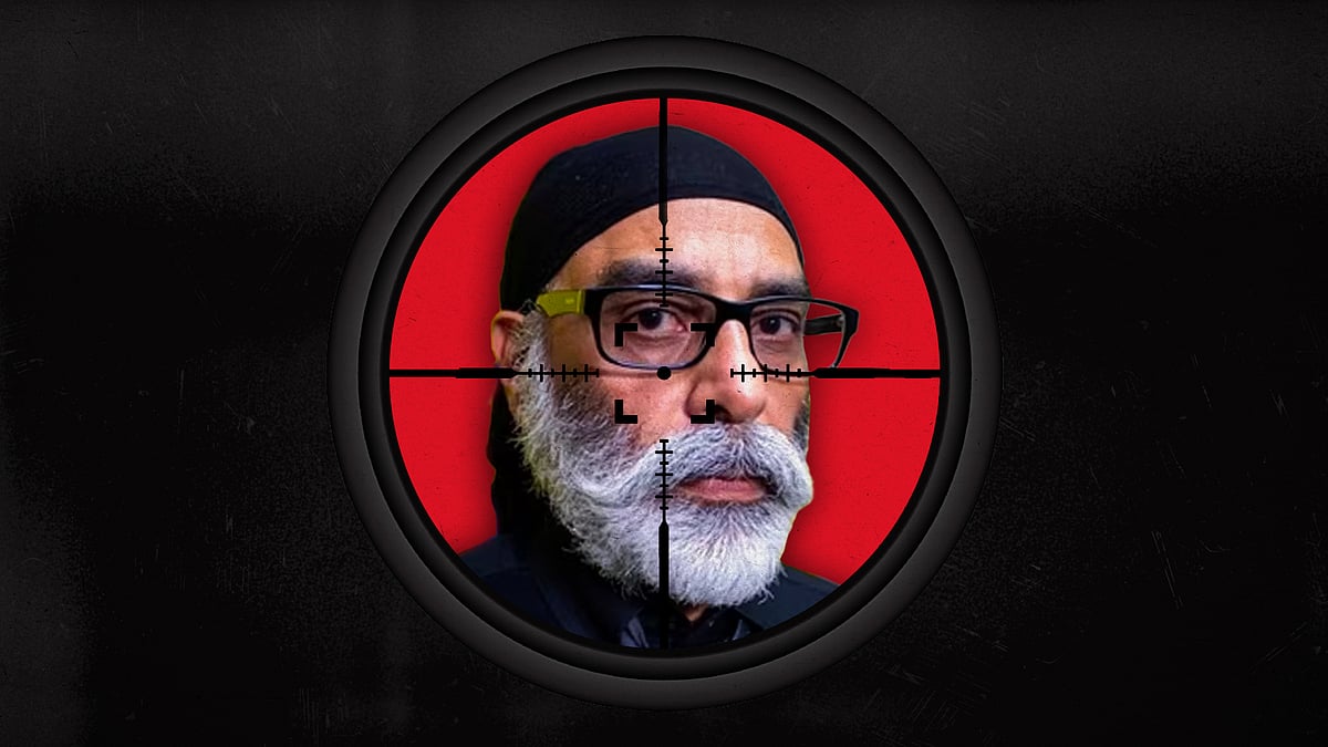 Illustration of a gun target on Gurpatwant Singh Pannun.