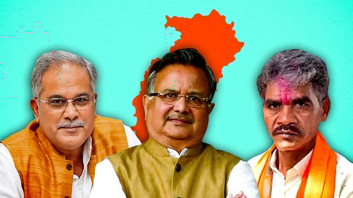 भूपेश बघेल, रमन सिंह और ईश्वर साहू की तस्वीर 