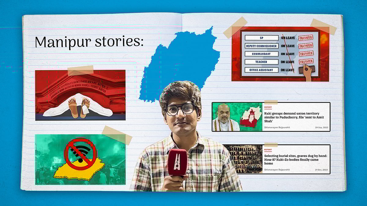 Reporter Shivnarayan in front of a collage of his stories from Manipur. 