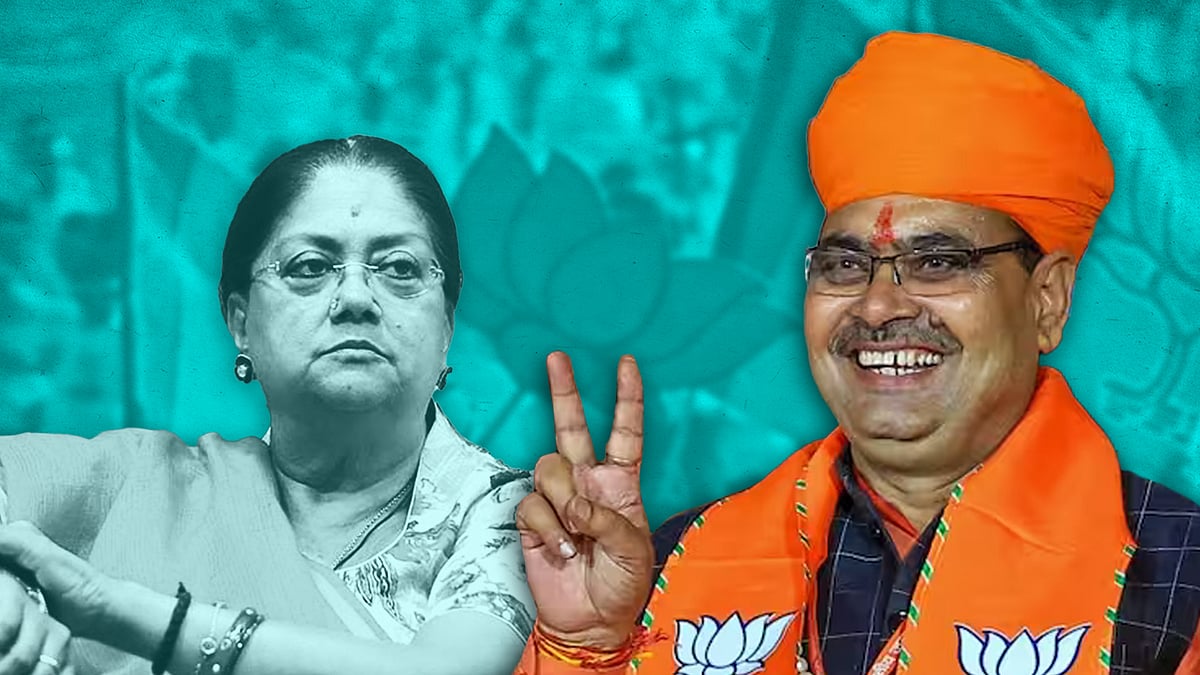 राजस्थान के नए मुख्यमंत्री भजन लाल शर्मा, पृष्ठभूमि में वसुंधरा राजे।
