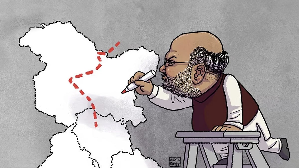 Illustration of Amit Shah drawing the map of Kashmir.