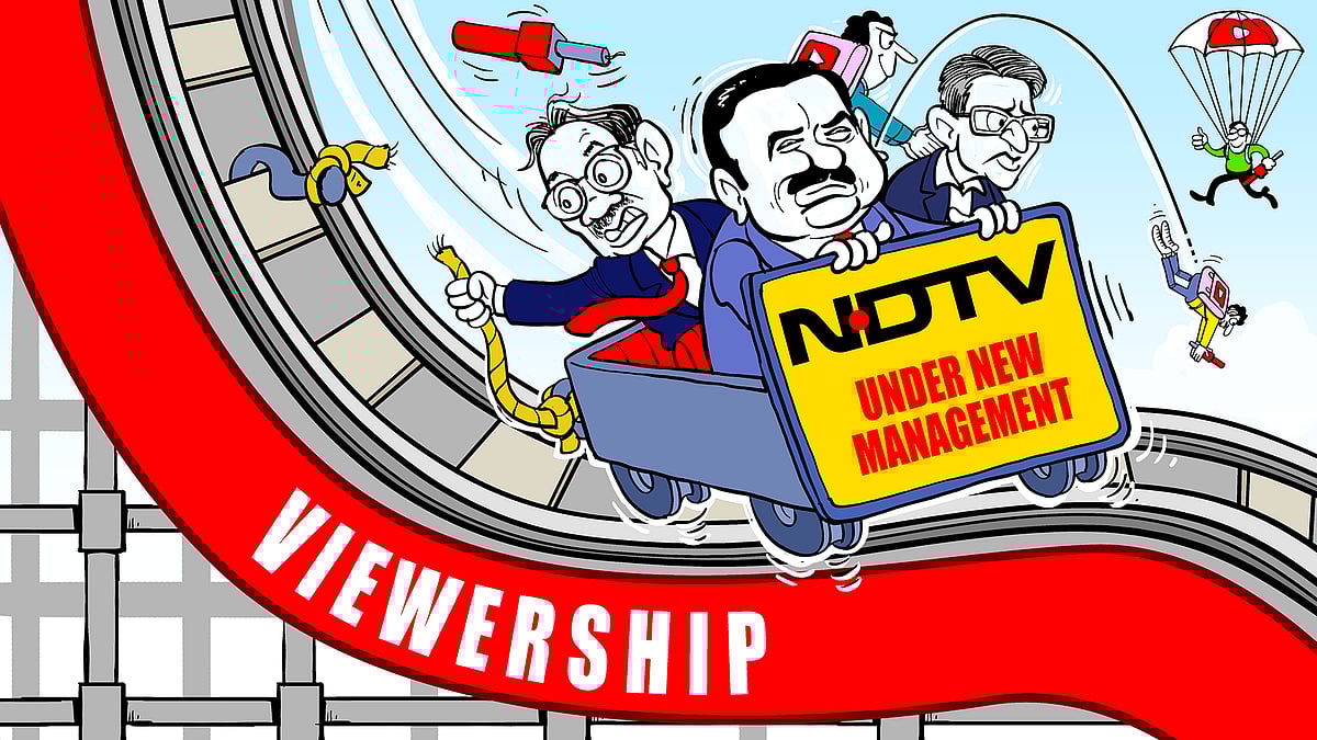 Illustration of Gautam Adani's broken bogie named NDTV on a roller coaster ride of 'viewership'.    