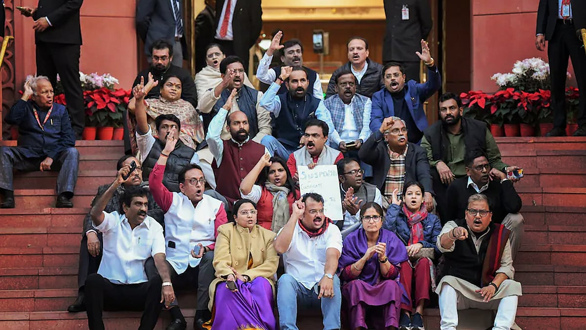 Suspended MPs protesting on the stairs of the Parliament. 