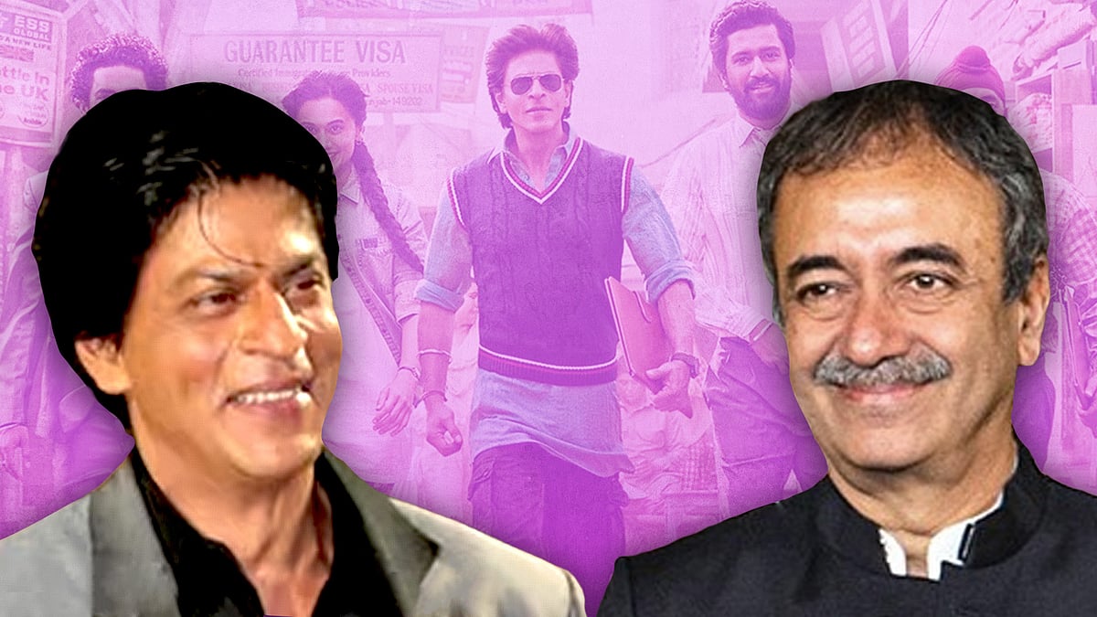 Shah Rukh Khan and Rajkumar Hirani, with the Dunki poster in the background.
