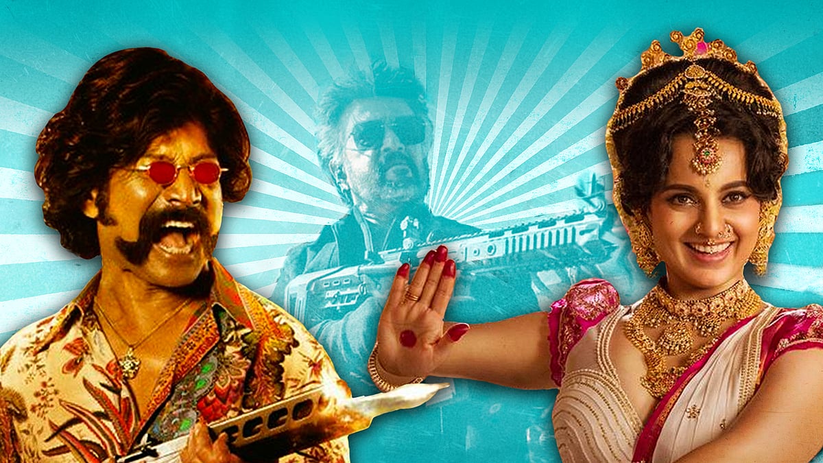 Cutouts of SJ Suryah (Mark Antony) and Kangana Ranaut (Chandramukhi 2) with Rajinikanth (Jailer) in the background.